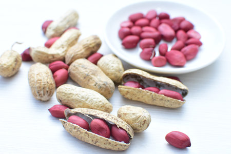 Arachis hypogaea - groundnut, whole, displayed in containers on white wooden background