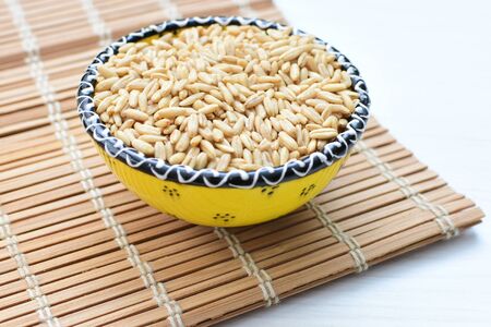 Avena sativa - Raw and natural watered grain oats, displayed in containers, flat bottomの写真素材
