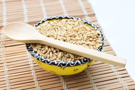 Avena sativa - Raw and natural watered grain oats, displayed in containers, flat bottomの写真素材