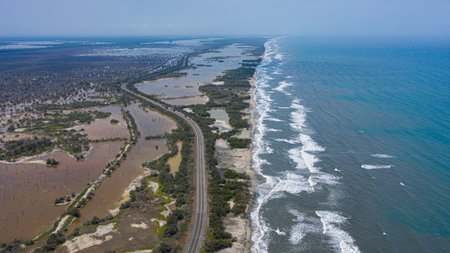 Aerial view of the beach and coastline of the Atlantic Ocean.の写真素材