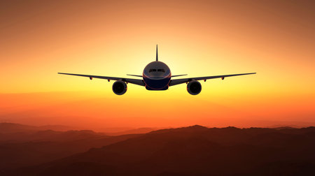 sunset and passenger plane in 3d