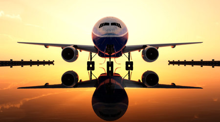 sunset and passenger plane in 3d