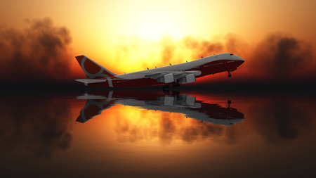 sunset and passenger plane in 3dの写真素材