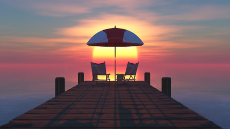 Landscape of a sunset on a wooden pierのeditorial素材