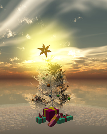decorated Christmas tree with giftsの写真素材