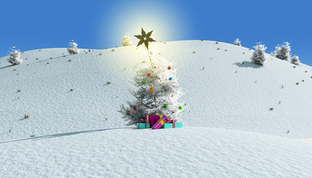 decorated Christmas tree with giftsの写真素材