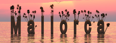 3d illustration, words, sunset, sea and landscapeの写真素材