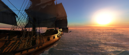 illustration Old sailboat and sunset in 3dの写真素材