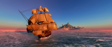 Old sailboat and sunset 3dの写真素材