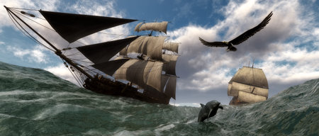 illustration of sea and Old sailboat  in 3d
