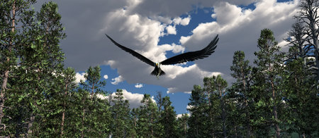 3d illustration flying eagle in a forest
