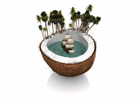 Coconut cut in half with a sailboat and palmsの写真素材