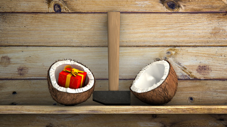 Gift box within half coconut on a wooden shelfの写真素材