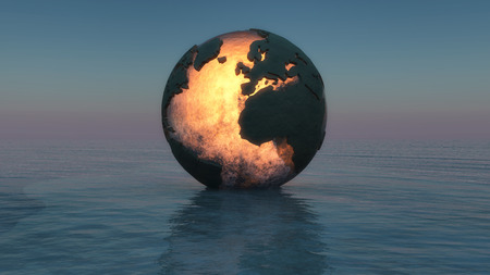 illustration of sunset with a globe floating on the seaの写真素材