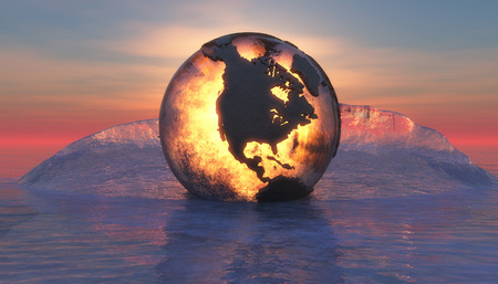 illustration of sunset with a globe floating on the seaの写真素材