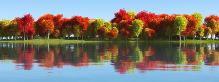 illustration of a landscape with trees reflected in waterの写真素材