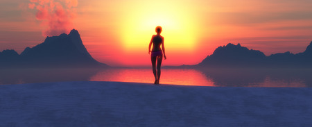 illustration in 3d of  Sun,volcano and beach landscapeの写真素材