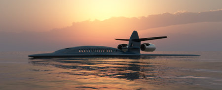 illustration of a prototype aircraft flying over the sea