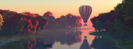 illustration of a landscape with trees reflected in water and balloonの写真素材