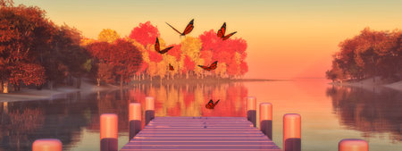 illustration of a landscape with trees reflected in water and butterfly