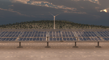 concept illustration of sustainable energy, solar panels and windmillsの写真素材