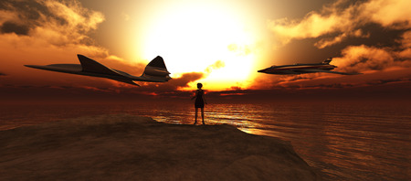 woman,sunset and passenger planes in 3dの写真素材