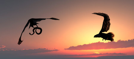Eagle flying in the clouds at dawn and snake