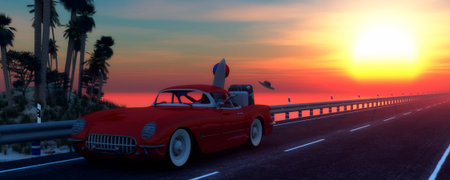 Car and happy woman traveling to the beach