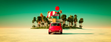 Car and happy woman traveling to the beach