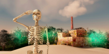 skeleton waving and final apocalypse caused by pollution from industryの写真素材