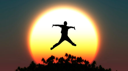 man jumping and sunset