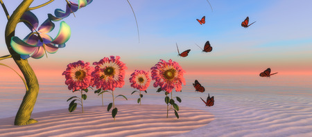 Illustration of butterflies and flowers by the seaの写真素材