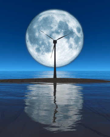 Windmill, moon and reflectionの写真素材