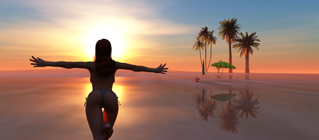 illustration of woman and tropical beachの写真素材