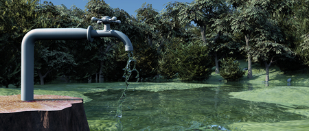 concept of scarcity of water faucet with a drop of waterの写真素材