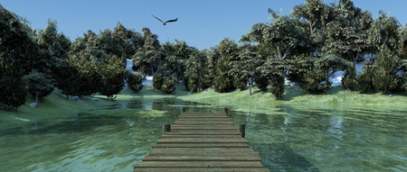 mountain and wooden pier in lakeの写真素材