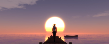 sunset and womanの写真素材