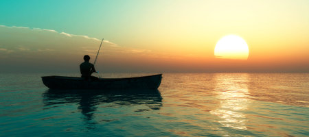 fisherman and fishing boat floating in the seaの写真素材