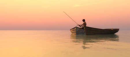 fisherman and fishing boat floating in the seaの写真素材