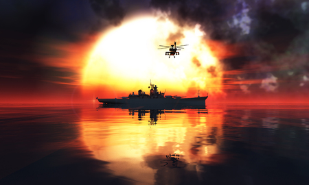 sunset and military shipの写真素材