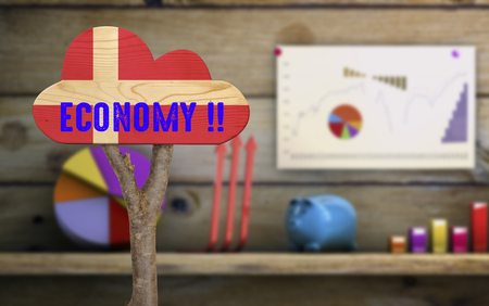 trunk and wooden sign indicating the country's economy denmarkの写真素材