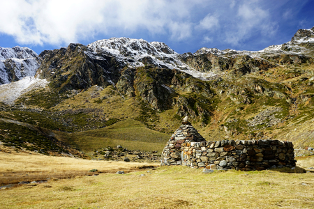 landscape of mountains in Andorra and traditional houseの写真素材