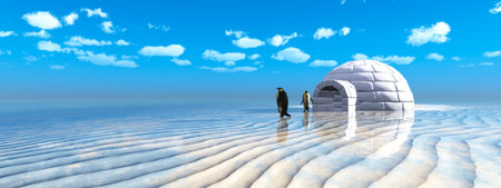 3D illustration of penguins coming out of an igloo