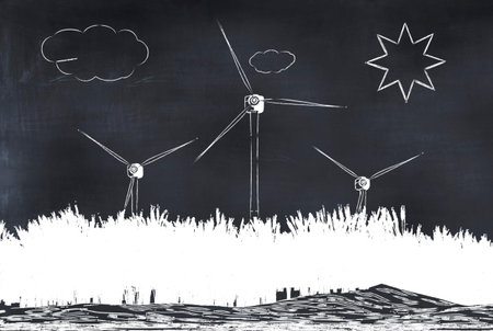 3d illustration windmill painted on a blackboard