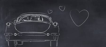 3D illustration of a whiteboard with a drawing of a car and heartsの写真素材