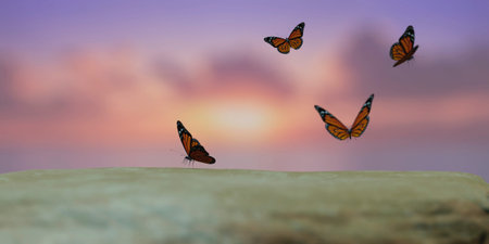 3d illustration of Butterflies flying towards the sun