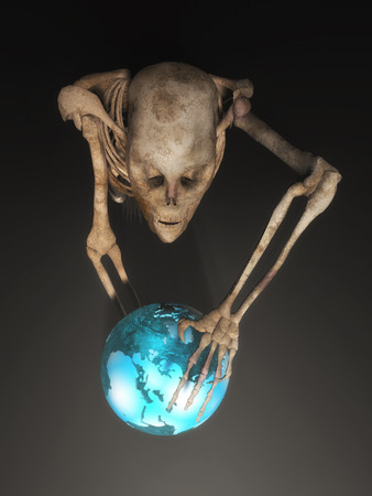 3d illustration of a skeleton with a globe in handsの写真素材