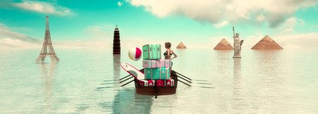 3D illustration of sunset and tourist destinations in the worldの写真素材