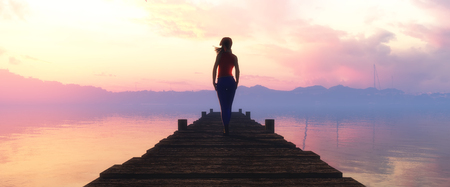 3d illustration od woman relaxing  on a sunsetの写真素材