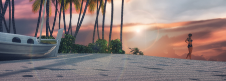 3d illustration of palm trees on a tropical beach and sunsetの写真素材